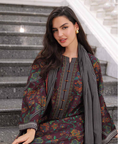 Charizma C-Prints CPW6-17 Deep Plum & Monochrome Checker Shawl Linen Pakistani Salwar Suit