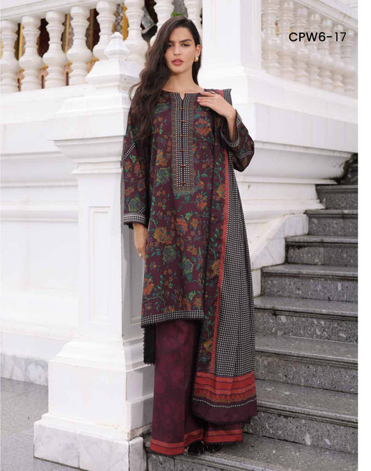 Charizma C-Prints CPW6-17 Deep Plum & Monochrome Checker Shawl Linen Pakistani Salwar Suit