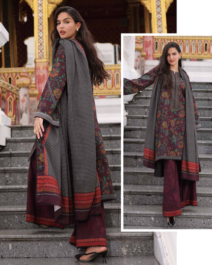 Charizma C-Prints CPW6-17 Deep Plum & Monochrome Checker Shawl Linen Pakistani Salwar Suit