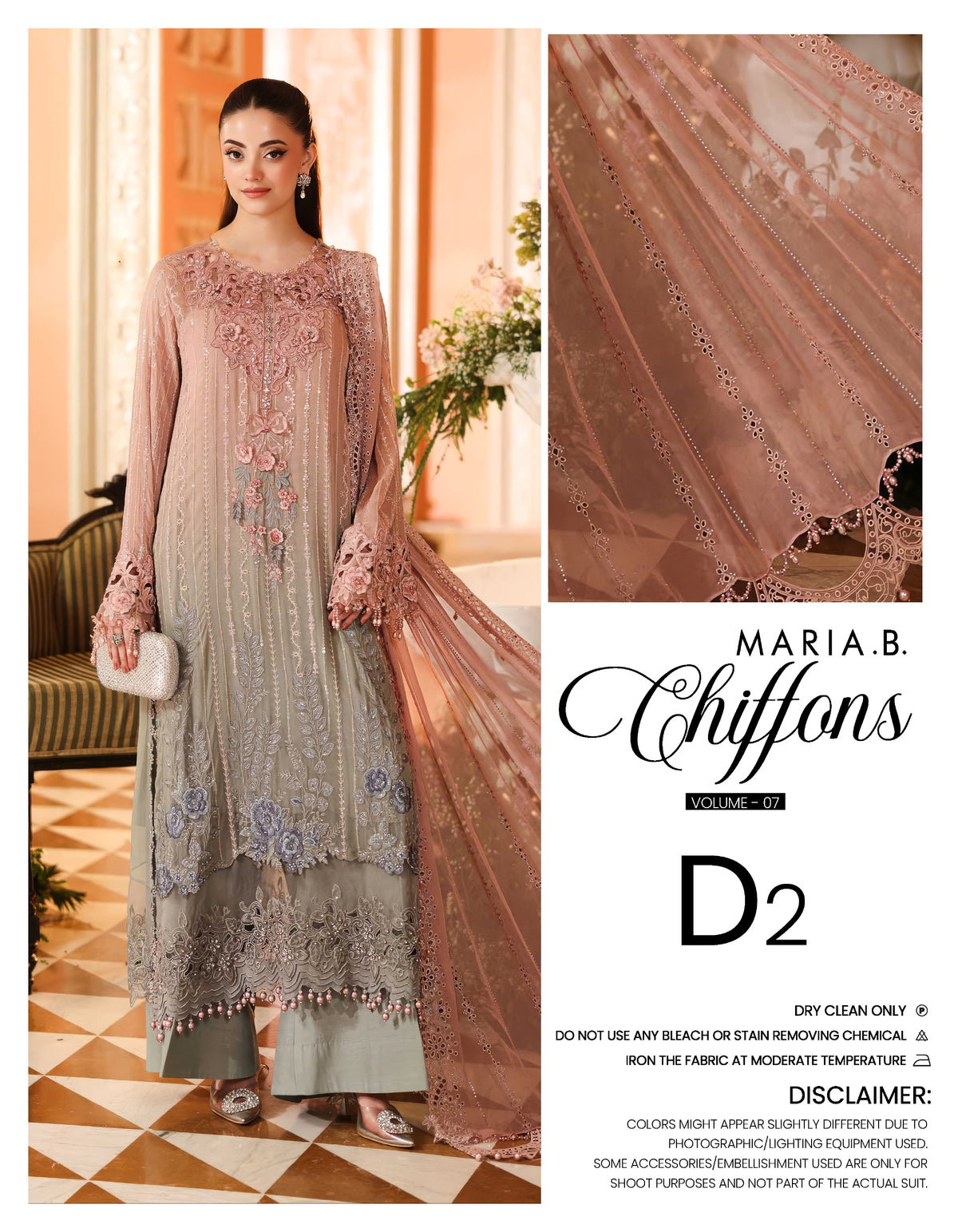 Maria B. Chiffons Vol 07 - Design D2 - Luxury Embroidered Pakistani Salwar Suit in Muted Olive & Dusty Rose