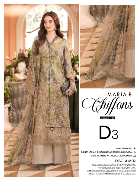 Maria B. Chiffons Vol 07 - Design D3 - Luxury Floral Embroidered Pakistani Salwar Suit for Wedding Wear - Beige & Green