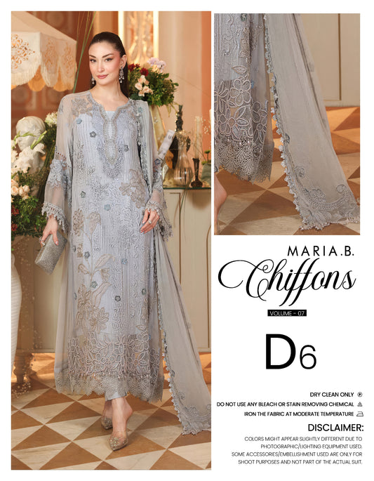 Maria B. Chiffons Volume 07 (Design D6) - Light Grey Embroidered Pakistani Salwar Suit for Weddings