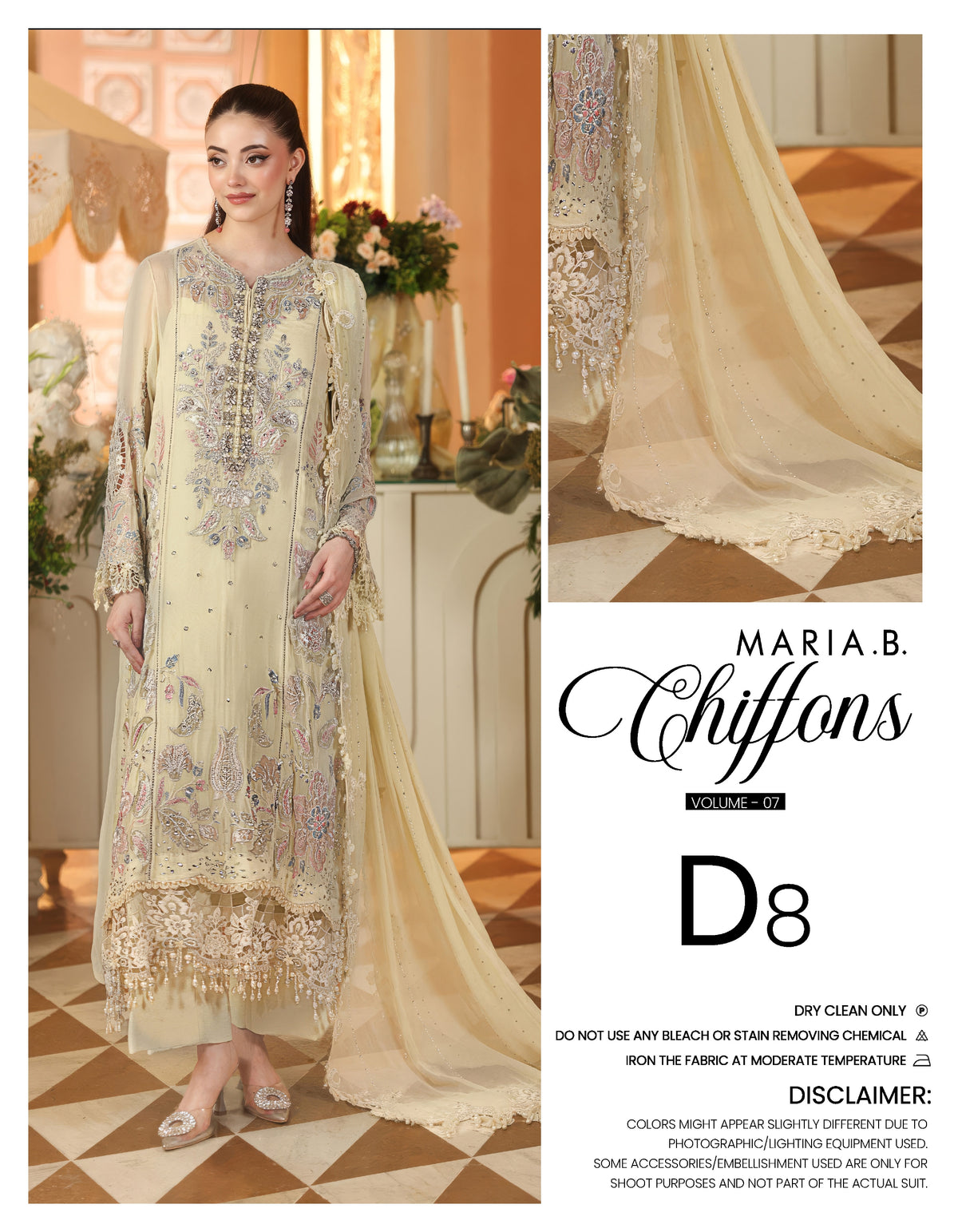 Maria B. Chiffons Vol 07 (D8) - Pale Yellow Embroidered Pakistani Salwar Suit & Abaya Style Wedding Outfit