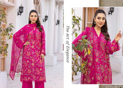 Khoobsurat Premium Swiss Collection KP-404 - Embroidered Magenta 3-Piece Unstitched Suit - Luxury Swiss Lawn