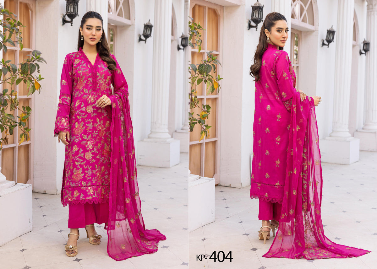 Khoobsurat Premium Swiss Collection KP-404 - Embroidered Magenta 3-Piece Unstitched Suit - Luxury Swiss Lawn