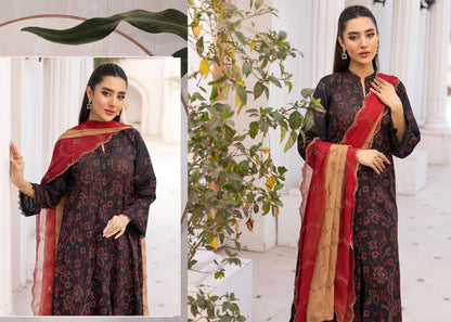 Khoobsurat Premium Swiss Collection KP-405 - Embroidered Black & Red 3-Piece Unstitched Suit - Romantic Desires