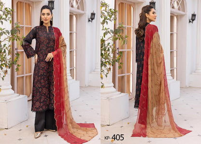 Khoobsurat Premium Swiss Collection KP-405 - Embroidered Black & Red 3-Piece Unstitched Suit - Romantic Desires