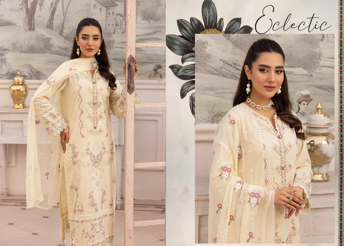 Khoobsurat Premium Swiss Collection KP-408 - Embroidered Cream 3-Piece Unstitched Suit - Reign in Radiance
