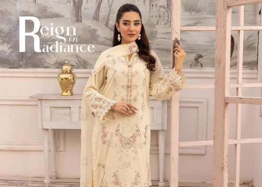 Khoobsurat Premium Swiss Collection KP-408 - Embroidered Cream 3-Piece Unstitched Suit - Reign in Radiance