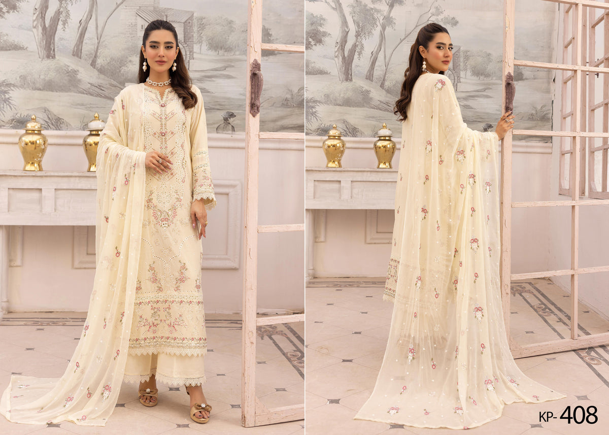 Khoobsurat Premium Swiss Collection KP-408 - Embroidered Cream 3-Piece Unstitched Suit - Reign in Radiance