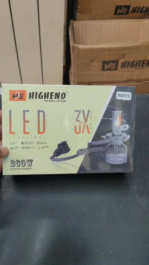 Box of LED car lights with 'HIGHEND' branding on a dark surface.