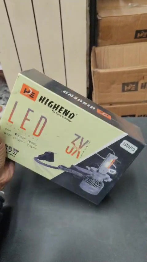 Box of Hightech LED lights held by a person with a blurred background