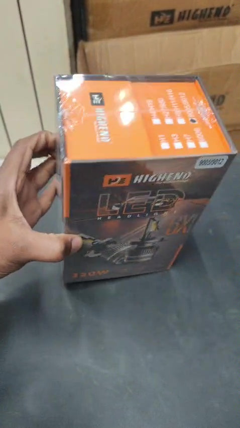 Hand holding a HighEnd LED product packaging against a neutral background