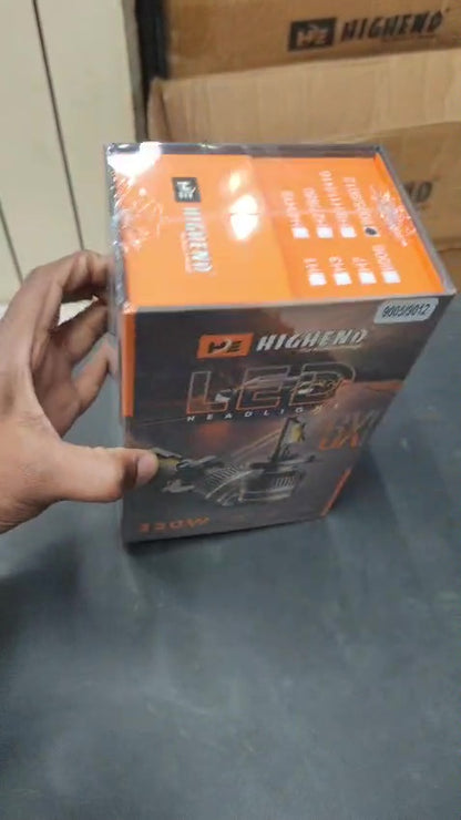 Hand holding a HighEnd LED product packaging against a neutral background