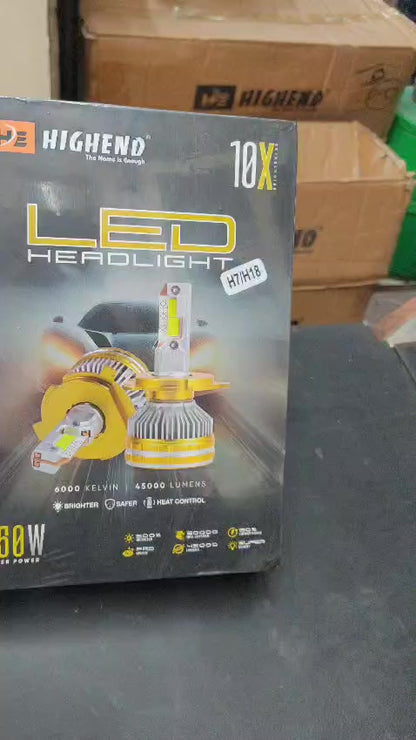 Highend LED Headlight packaging on a table with cardboard boxes in the background