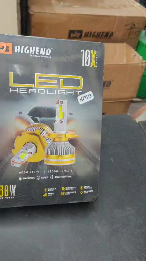 Highend LED Headlight packaging on a table with cardboard boxes in the background