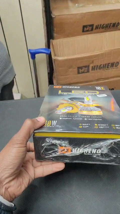 Hand holding a box of 'HighEnd' brand car headlights with cardboard boxes in the background.