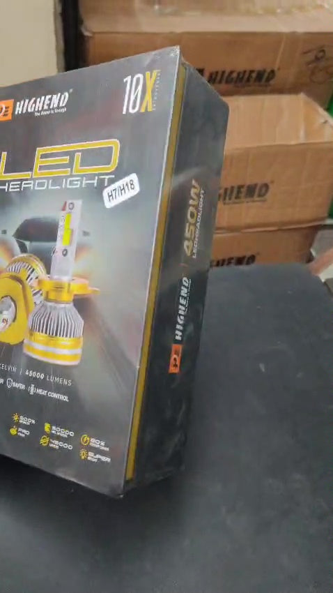 Highend LED headlight packaging on a dark surface with cardboard boxes in the background.