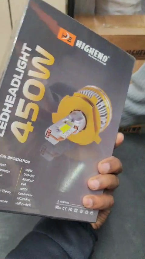 Hand holding a package of Higoo LED headlight with 450W rating.