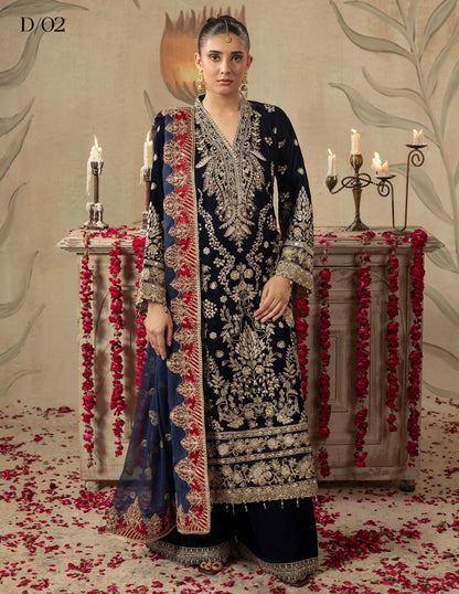 Areej Naqash-E-Makhmal D/02 - Navy Blue Ornate Velvet Pakistani Salwar Suit - Women's Wedding Wear