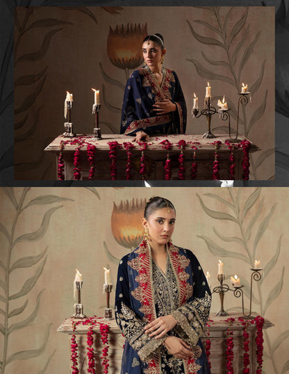 Areej Naqash-E-Makhmal D/02 - Navy Blue Ornate Velvet Pakistani Salwar Suit - Women's Wedding Wear
