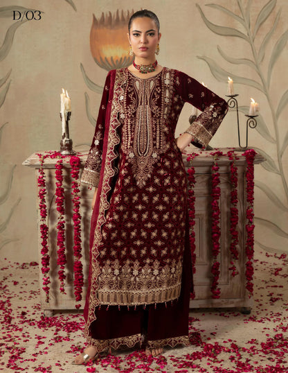 Areej Naqash-E-Makhmal D/03 - Maroon Floral Embroidered Velvet Pakistani Suit for Wedding