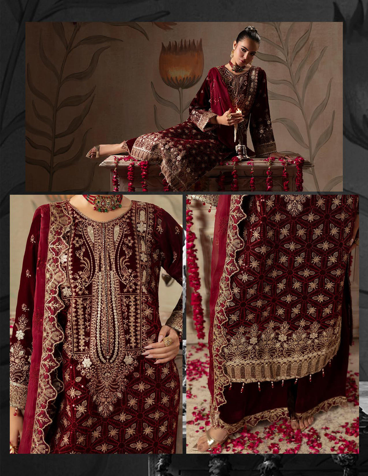 Areej Naqash-E-Makhmal D/03 - Maroon Floral Embroidered Velvet Pakistani Suit for Wedding