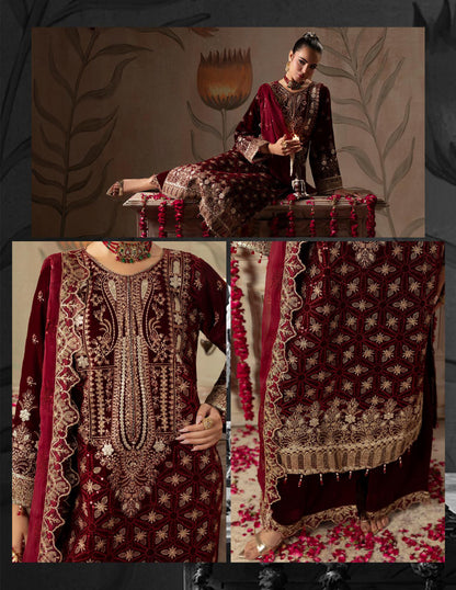 Areej Naqash-E-Makhmal D/03 - Maroon Floral Embroidered Velvet Pakistani Suit for Wedding