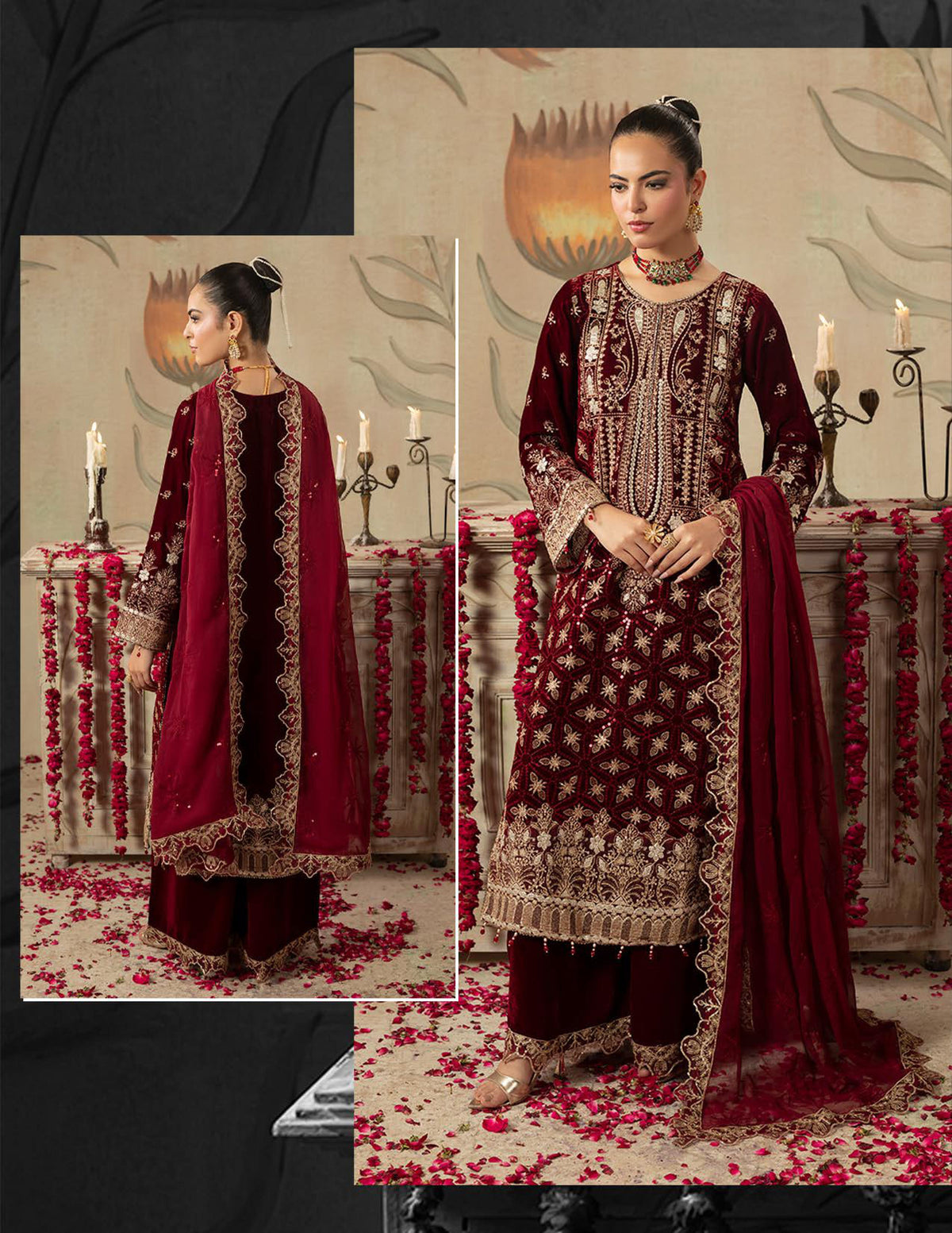 Areej Naqash-E-Makhmal D/03 - Maroon Floral Embroidered Velvet Pakistani Suit for Wedding