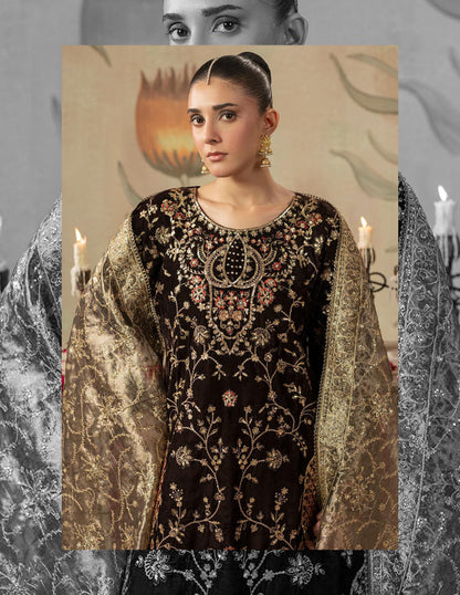 Areej Naqash-E-Makhmal D/04 - Jet Black Gold-Embroidered Velvet Pakistani Salwar Suit