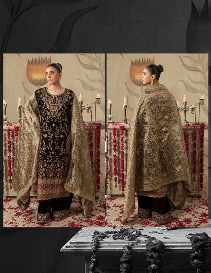 Areej Naqash-E-Makhmal D/04 - Jet Black Gold-Embroidered Velvet Pakistani Salwar Suit
