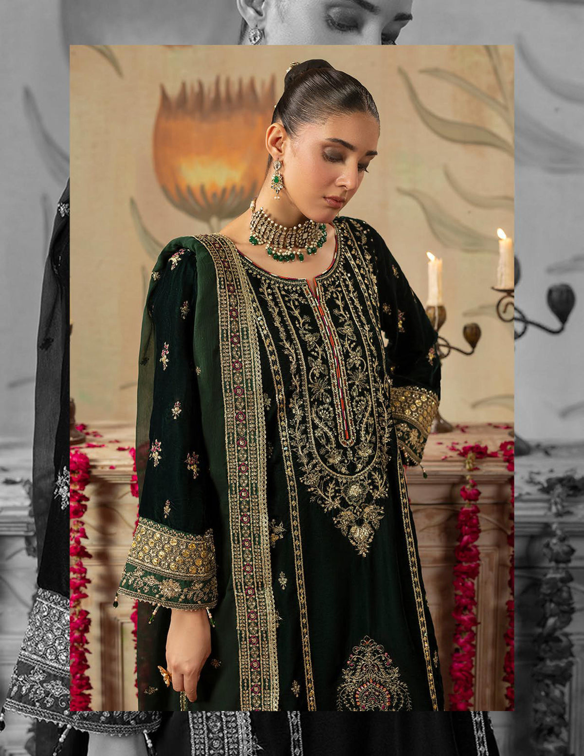 Areej Naqash-E-Makhmal D/05 - Emerald Green &amp; Maroon Velvet Pakistani Salwar Suit for Wedding