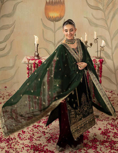 Areej Naqash-E-Makhmal D/05 - Emerald Green &amp; Maroon Velvet Pakistani Salwar Suit for Wedding