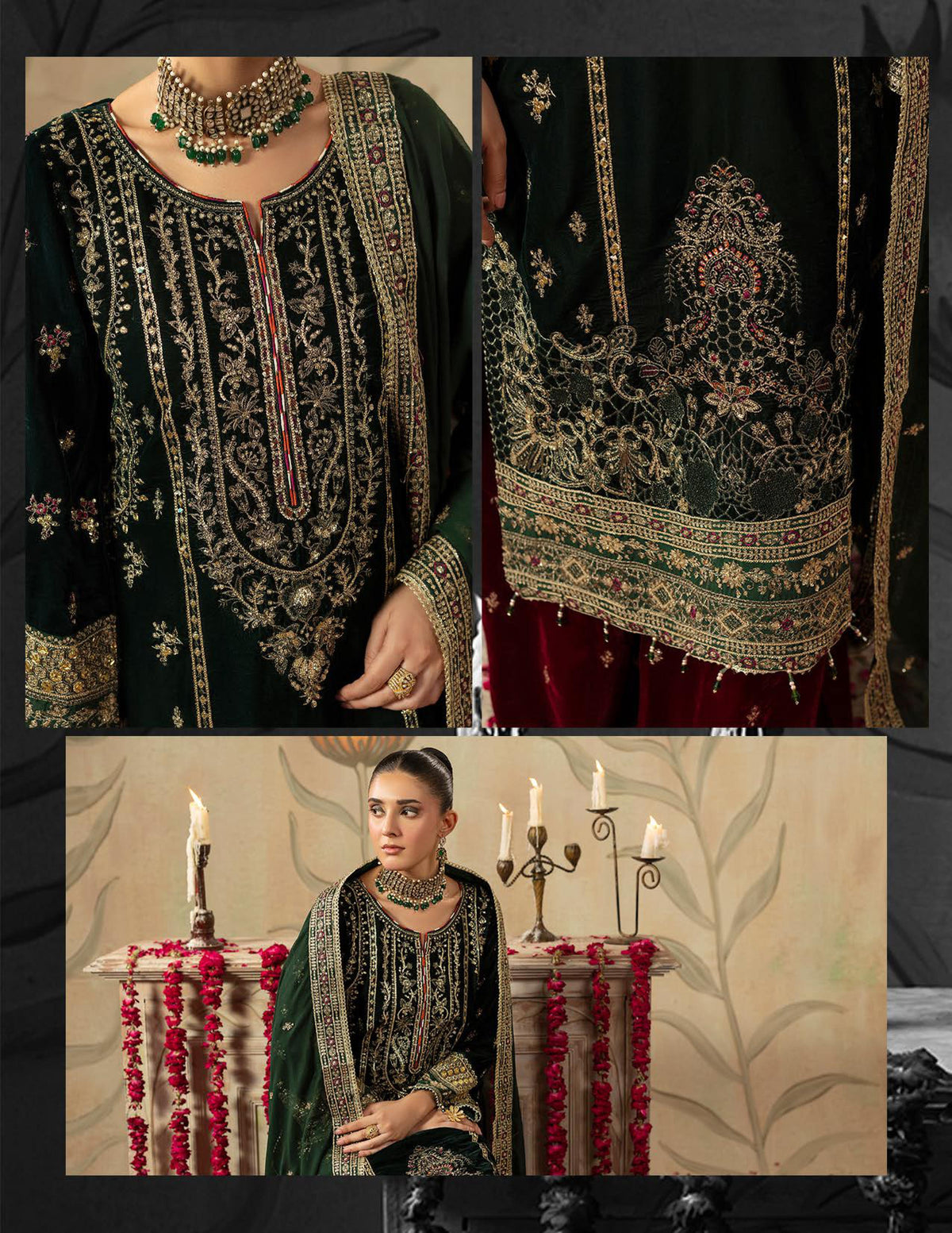 Areej Naqash-E-Makhmal D/05 - Emerald Green &amp; Maroon Velvet Pakistani Salwar Suit for Wedding