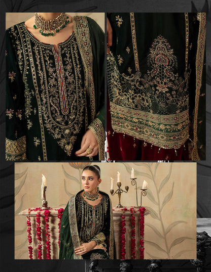 Areej Naqash-E-Makhmal D/05 - Emerald Green &amp; Maroon Velvet Pakistani Salwar Suit for Wedding