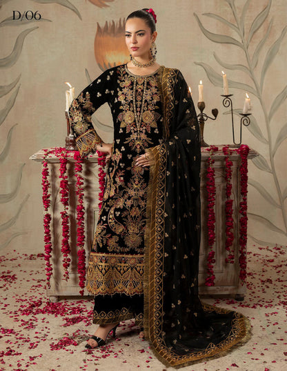 Areej Naqash-E-Makhmal D/06 - Jet Black & Gold Embroidered Velvet Pakistani Suit - Formal Wear