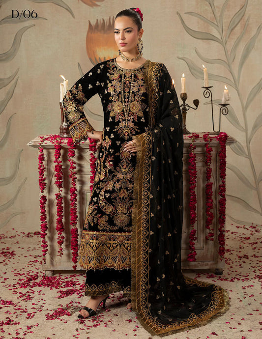 Areej Naqash-E-Makhmal D/06 - Jet Black & Gold Embroidered Velvet Pakistani Suit - Formal Wear