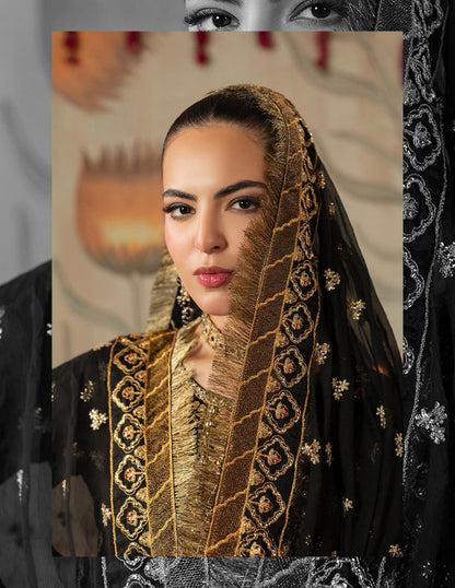 Areej Naqash-E-Makhmal D/06 - Jet Black & Gold Embroidered Velvet Pakistani Suit - Formal Wear