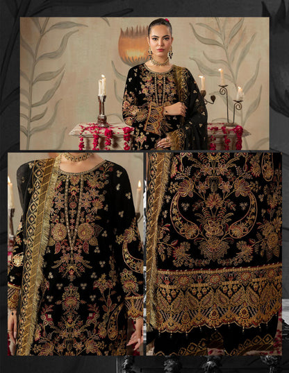 Areej Naqash-E-Makhmal D/06 - Jet Black & Gold Embroidered Velvet Pakistani Suit - Formal Wear