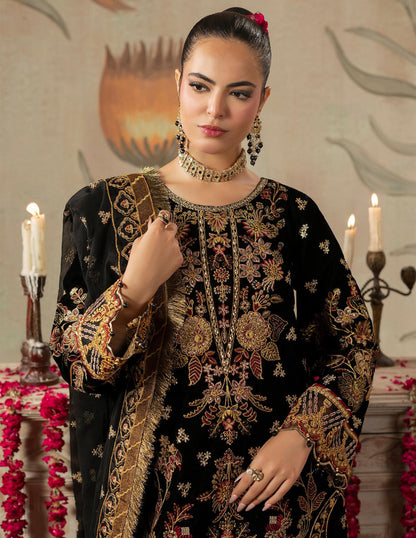 Areej Naqash-E-Makhmal D/06 - Jet Black & Gold Embroidered Velvet Pakistani Suit - Formal Wear
