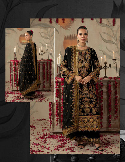 Areej Naqash-E-Makhmal D/06 - Jet Black & Gold Embroidered Velvet Pakistani Suit - Formal Wear
