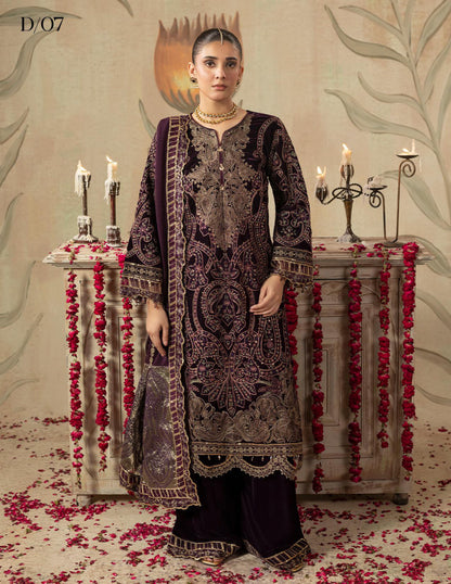 Areej Naqash-E-Makhmal D/07 - Deep Plum Embroidered Velvet Pakistani Salwar Suit for Wedding