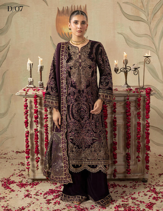Areej Naqash-E-Makhmal D/07 - Deep Plum Embroidered Velvet Pakistani Salwar Suit for Wedding
