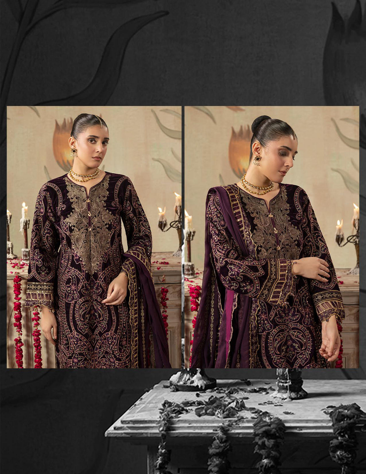 Areej Naqash-E-Makhmal D/07 - Deep Plum Embroidered Velvet Pakistani Salwar Suit for Wedding
