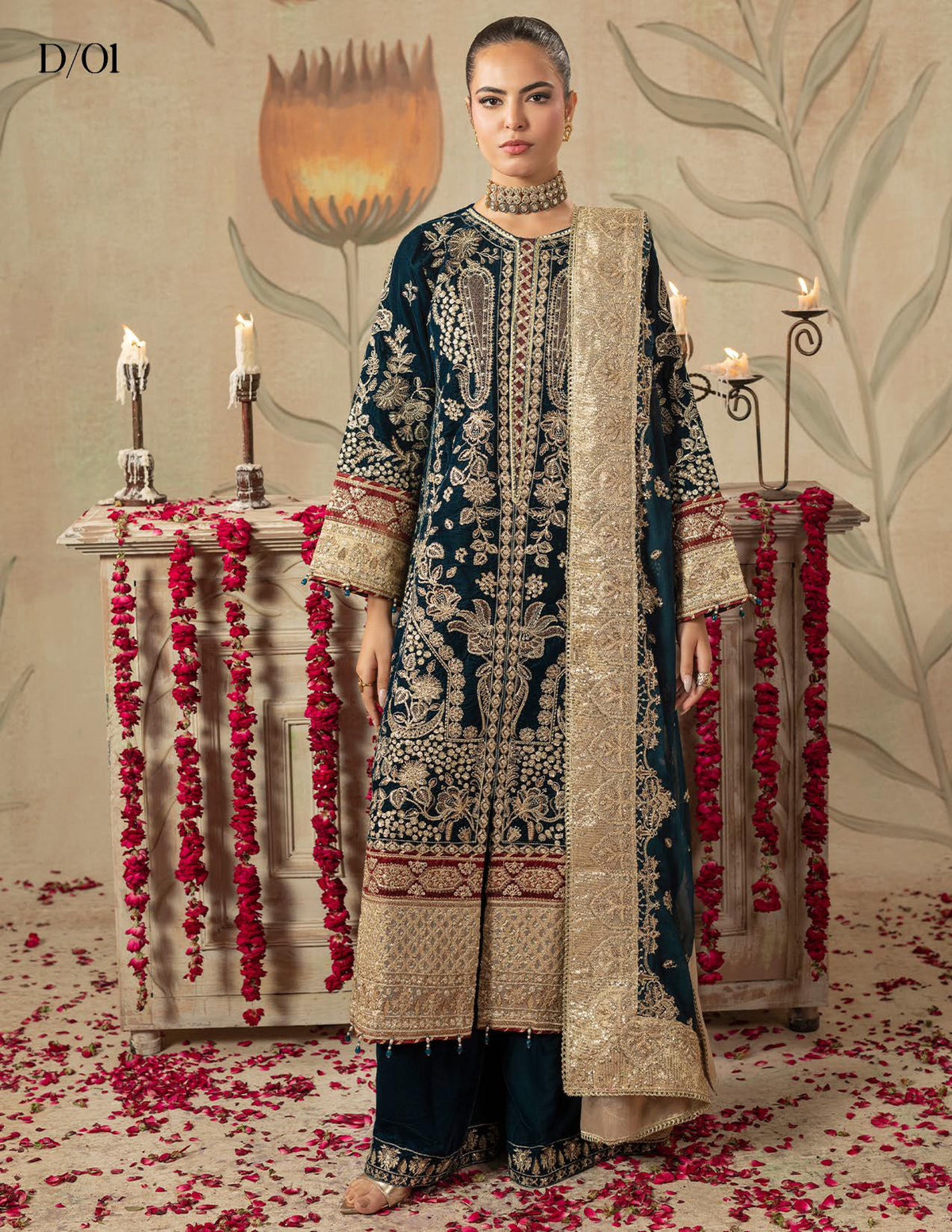 Areej Naqash-E-Makhmal D/01 - Teal Green Embroidered Luxury Velvet Pakistani Salwar Suit for Wedding
