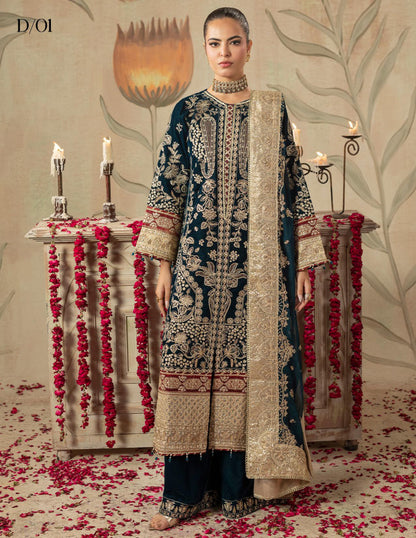 Areej Naqash-E-Makhmal D/01 - Teal Green Embroidered Luxury Velvet Pakistani Salwar Suit for Wedding