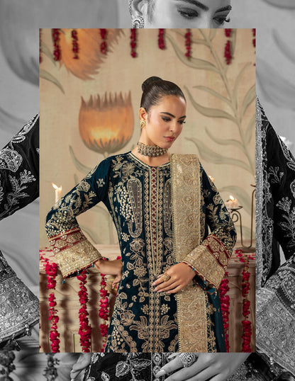 Areej Naqash-E-Makhmal D/01 - Teal Green Embroidered Luxury Velvet Pakistani Salwar Suit for Wedding