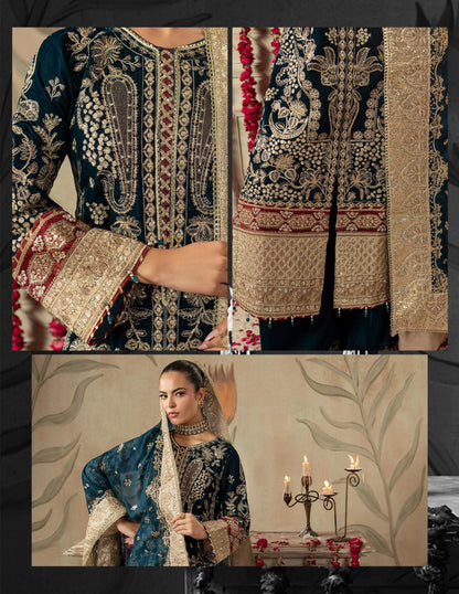 Areej Naqash-E-Makhmal D/01 - Teal Green Embroidered Luxury Velvet Pakistani Salwar Suit for Wedding