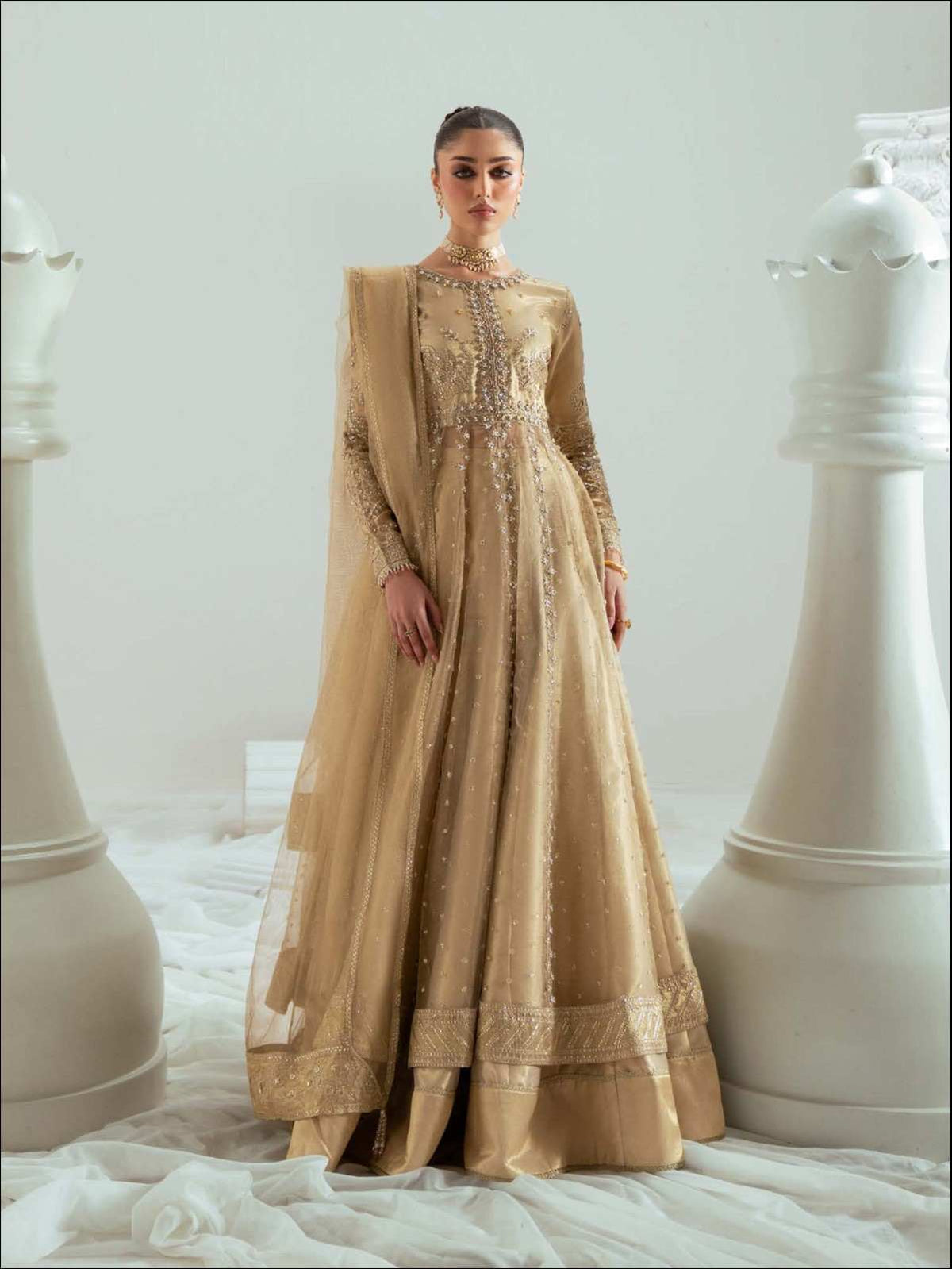 Zariya Aurelia Gold (ZSU-6307) - Floor-Sweeping Wedding Pishwas Abaya | Studio Zariya Elyse
