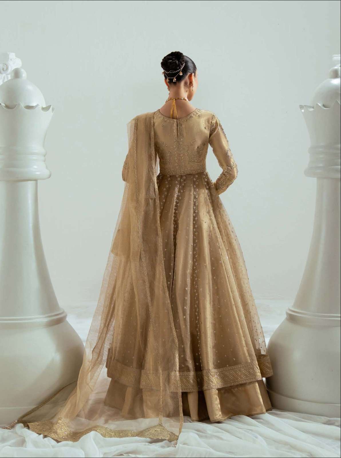 Zariya Aurelia Gold (ZSU-6307) - Floor-Sweeping Wedding Pishwas Abaya | Studio Zariya Elyse